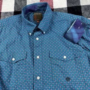 Roper Shirt Mens M Blue Geometric Aztec Print Button Up Southwestern Cowboy
